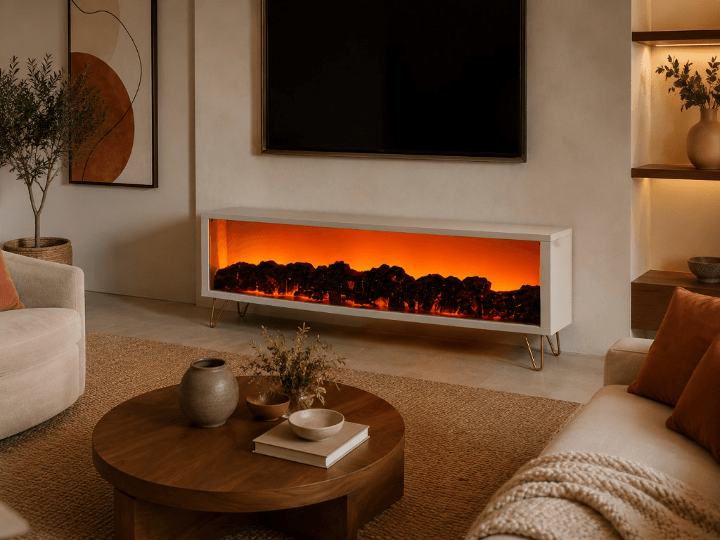 Özel üretim elektrikli şömine — oturma alanı ve amber ışıklı cephe