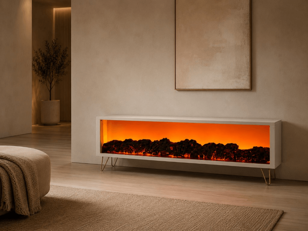 Premium şömine montajı — amber ışıklı cephe